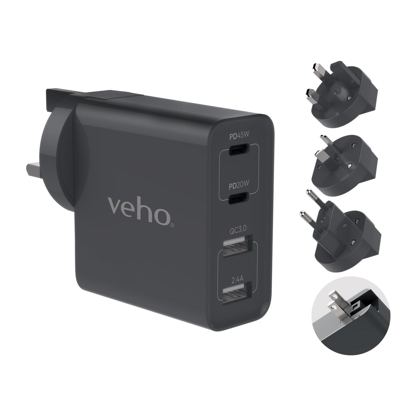 Veho TA-45 Multi-Region Universal USB Charger Plug Adapter - Black