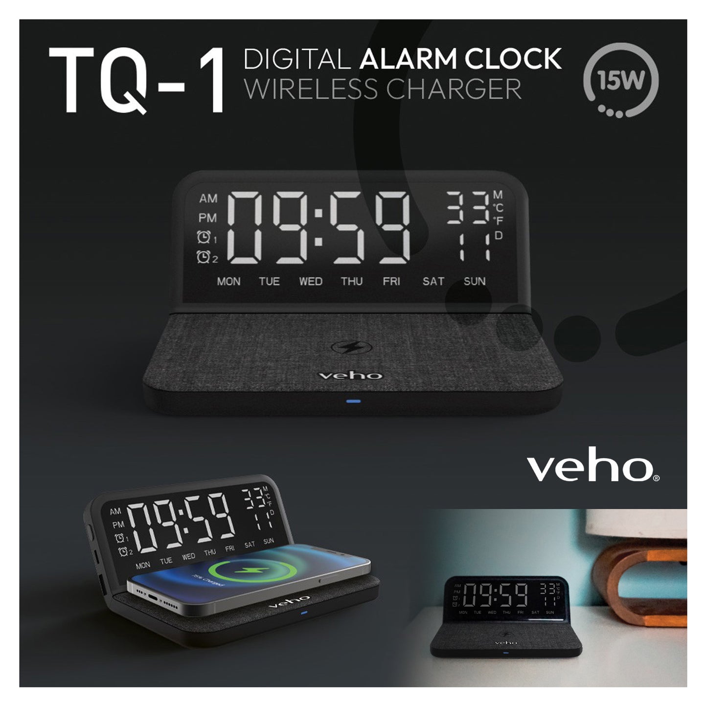 Veho TQ-1 Qi Digital Alarm Clock & Qi Wireless Charger