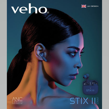 Veho STIX II Pro True Wireless Earphones with Active Noise Cancelling - Blue