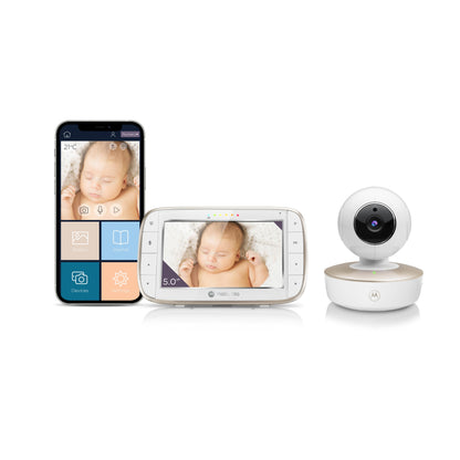 Motorola VM855 Connect Portable Wi-Fi Video Smart Baby Monitor with Flexible Crib Mount - White & Gold