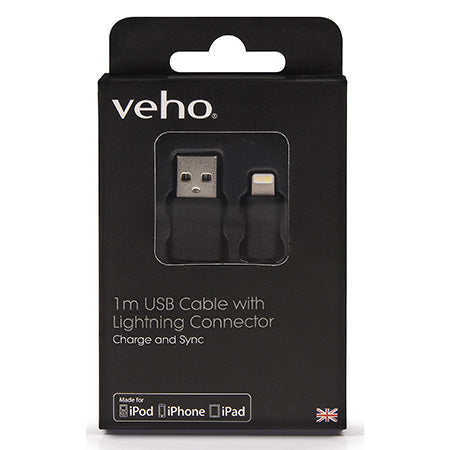 Veho Pebble Certified MFi Lightning to USB Charge & Sync Cable, 1-meter (3.3-ft) - Black